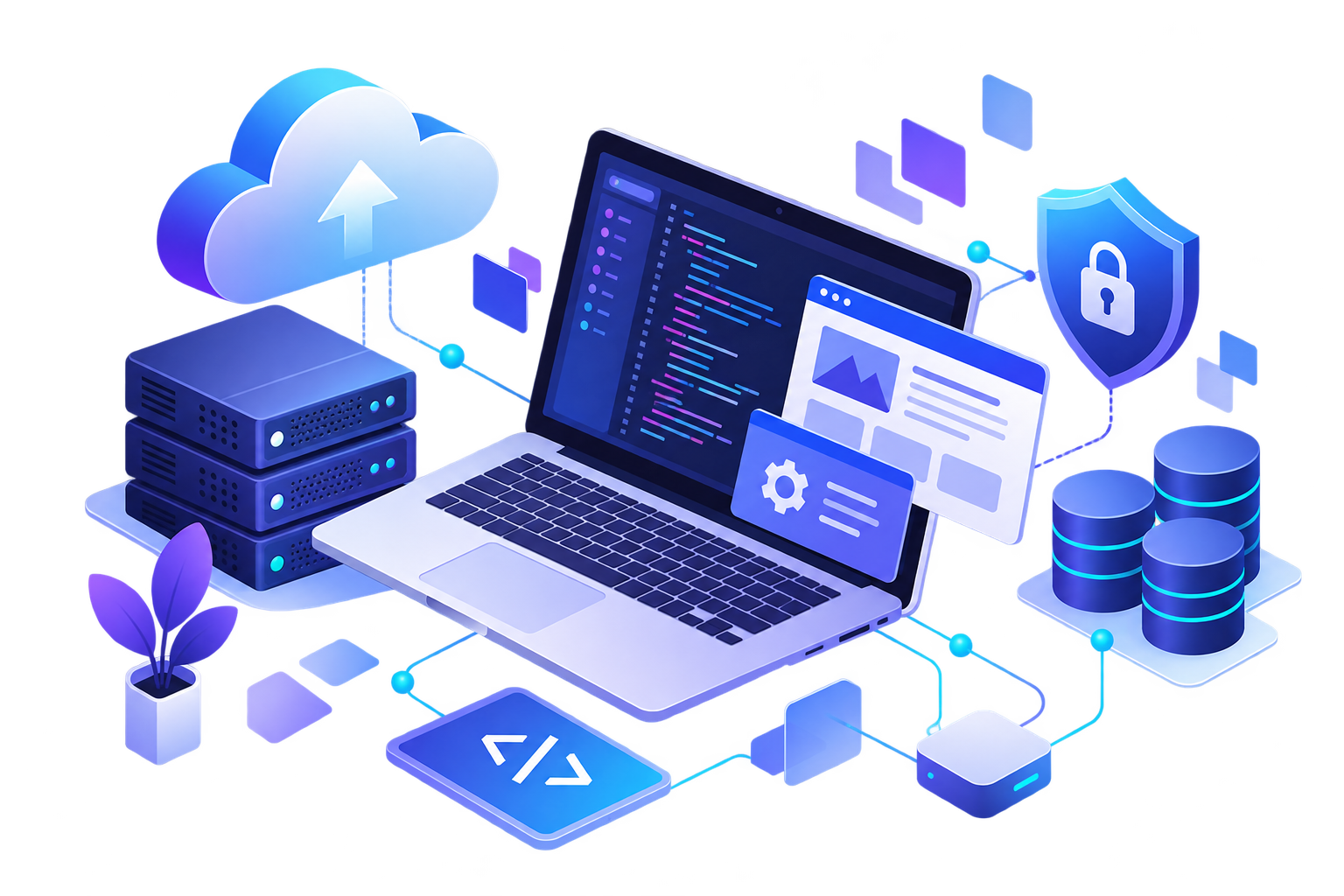 Ilustración de desarrollo, nube, servidores y seguridad